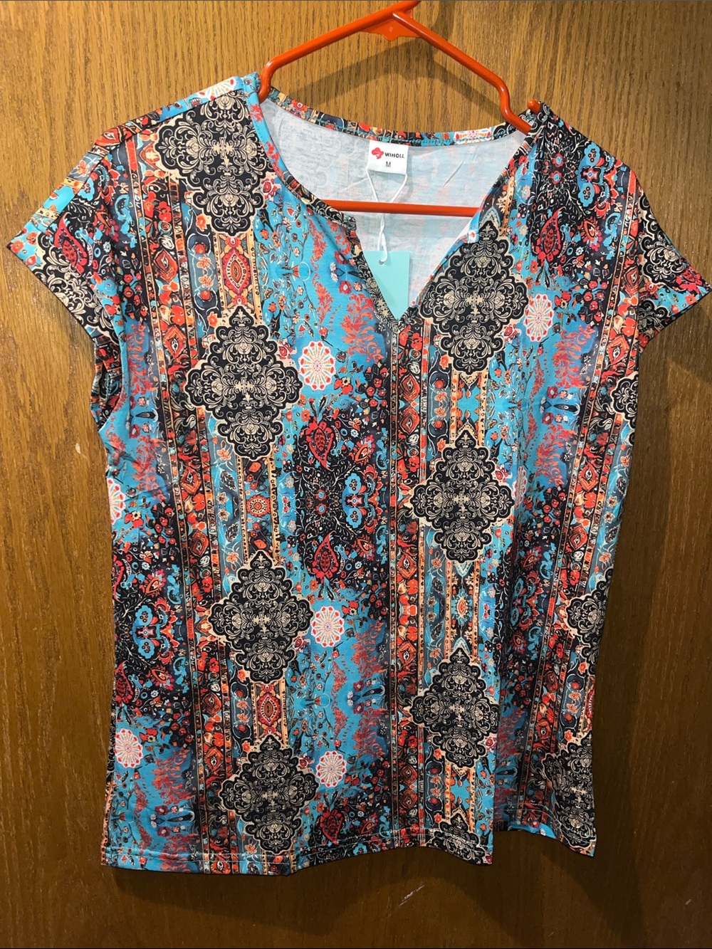 V-Neck Short Sleeve Top in Turquoise & Coral Paisley - Women's